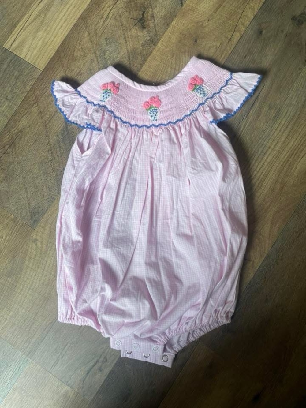 Pink Smocked Floral Trim Baby One-Piece